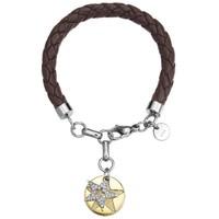 Stainless Steel Gold Plated CZ Star Disc Brown Leather Bracelet ESBR11595B170