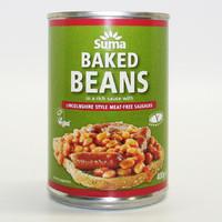 suma baked beans with linconshire style meat free sausages 400g