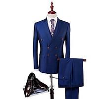 Suit Slim Fit Closure Collar Dubble Breasted Two-buttons Soild Colour 3 Pieces Blue