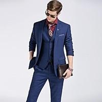 Suit Slim Fit Flat Collar Single Breasted One-button Checked 3 Pieces Royal Blue