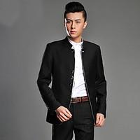 Suits Slim Fit Mandarin Collar Single Breasted More-Button Viscose Solid 2 Pieces Black / Gray Straight Flapped None (Flat Front)Black /