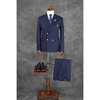 Suits Tailored Fit Notch Double Breasted Four-buttons Polyester Checkered / Gingham 2 Pieces Dark Blue Straight Flapped Double (Two)Dark
