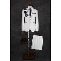 Suits Tailored Fit Shawl Collar Single Breasted One-button Cotton Blend Patterns 2 Pieces Ivory Slanted Flapped Double (Two) Double (Two)