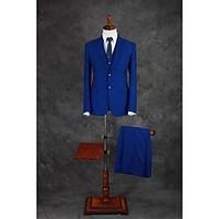 Suits Tailored Fit Notch Single Breasted Two-buttons Cotton Blend Solid 3 Pieces Royal Blue Straight Flapped Double (Two) BlueDouble