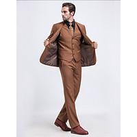 Suits Tailored Fit Notch Single Breasted One-button Serge Solid 3 Pieces Khaki Straight Flapped Single (One) Single (One)Buttons /