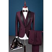 Suits Slim Fit Shawl Collar Single Breasted One-button Solid 3 Pieces Burgundy Straight Flapped