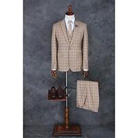 Suits Tailored Fit Peak Single Breasted One-button Polyester Checkered / Gingham 3 Pieces Straight Flapped None Khaki
