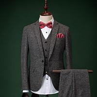 Suits Slim Fit Notch Single Breasted One-button Cotton 3 Pieces Dark Gray Straight Flapped None Dark Gray None