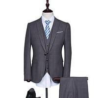 Suits Standard Fit Notch Single Breasted One-button Cotton Blend Checkered / Gingham 3 Pieces Dark Blue