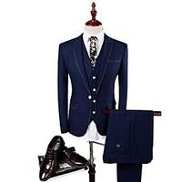 Suits Slim Fit Flat Collar Single Breasted One-button Soild Colour 3 Pieces Navy Blue