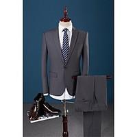 Suit Slim Fit Flat Collar Single Breasted One-button Soild Colour 3 Pieces Dark Grey