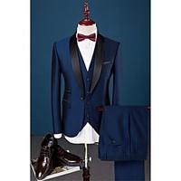 Suit Slim Fit Shawl Collar Single Breasted One-button Soild Colour 3 Pieces Royal Bule