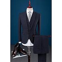 Suit Slim Fit Flatl Collar Single Breasted One-button Checks 3 Pieces Dark