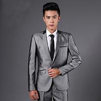 Suits Slim Fit Notch Single Breasted One-button Polyester Solid 2 Pieces Gray Straight Flapped None (Flat Front) Gray None (Flat Front)