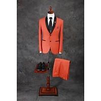 Suits Tailored Fit Shawl Collar Single Breasted Two-buttons Cotton Blend Solid 2 Pieces Orange Slanted Piped Double (Two) Double (Two)