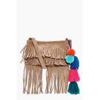 suede leather pom cross body bag taupe