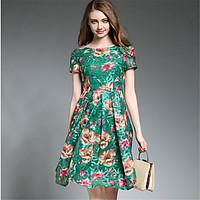 SUOQI Fashion Wild Round Neck Short Sleeves Lace Printing Slim Dress Daily Leisure Dating Home Family Gathering Dress