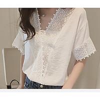 Summer Korean version of the new female loose white lace chiffon shirt solid color short sleeve V-neck chiffon blouse hollow
