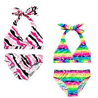 Summer Sleeveless Rainbow/Fuchsia Black White Stripe Separated Swimming Suit 2pcs Bikinis Suit for 3~12Y Baby Girls