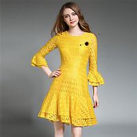 SUOQI Women Dresses Spring Summer Going out Casual Slim Dress Solid Round Neck Length Sleeve Lace Dress