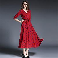 SUOQI Women Dresses Going out Beach Holiday Swing Dress V Neck Length Sleeve Bow Accept Waist Print Dress