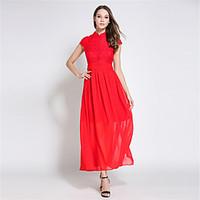 SUOQI Women Dresses Stand collar Short Sleeve Lace Splice Chiffon Dress Red Swing Summer Dress