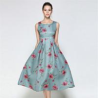 SUOQI Women Dresses Going out Casual Sexy A Line Dress Round Neck Sleeveless Jacquard Print Dress