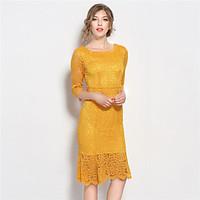 suoqi women dresses round neck short sleeve lace dress yellow knee len ...