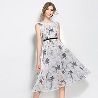 SUOQI Women Dresses Round Neck Sleeveless Knee-length Dress White Chinoiserie Ink print Summer Swing Dress