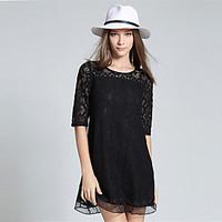 SUOQI Women Dresses Going out Casual Sexy Lace Dress Solid Round Neck Length Sleeve Dress