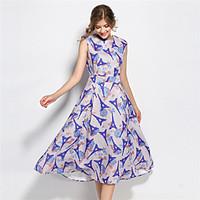 SUOQI Women Dresses Round Neck Sleeveless Knee-length Dress Blue Slim Accept Waist Jacquard Print Summer Dress