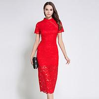 SUOQI Women Dresses Vintage Chinoiserie Stand collar Short Sleeve Lace Dress Red Sexy Side Open Fork Summer Dress