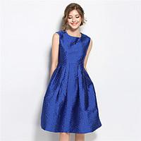 SUOQI Women Dresses Round Neck Sleeveless Knee-length A Line Dress Blue Slim Accept Waist Jacquard Summer Dress