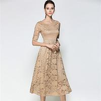 SUOQI Women Dresses Boat Neck Short Sleeve Lace Dress Khaki Slim Accept Waist Summer Dress