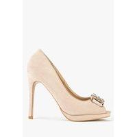 suedette buckle open toe heels