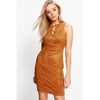 Suedette Lace Up Dress - camel