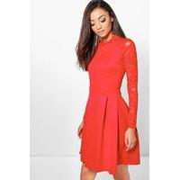 Suzu Lace Panel Skater Dress - red