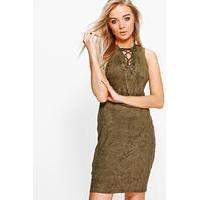 Suedette Lace Up Dress - khaki