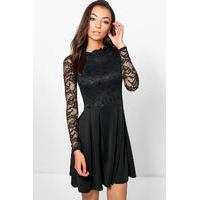 Suzu Lace Panel Skater Dress - black