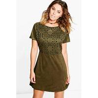 Suedette Cutwork Strap Back Shift Dress - khaki