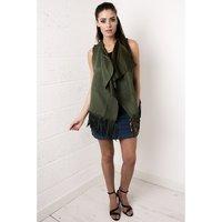 suede waterfall fringed waistcoat in khaki