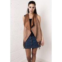 Suede Waterfall Fringed Waistcoat in Camel