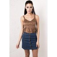 suede fringed crop top in camel