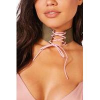 Suedette Corset Lace Up Choker - khaki