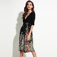 SWEET CURVE Women\'s Beach / Plus Size Boho Chiffon Dress, Floral V Neck Knee-length ½ Length Sleeve Black Polyester / Spandex Summer