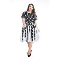 SWEET CURVE Women\'s Plus Size Street chic Chiffon Dress, Polka Dot Round Neck Knee-length Short Sleeve Black Spandex Spring Mid Rise Micro-elastic Thin