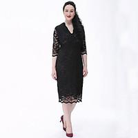 SWEET CURVE Women\'s Lace Plus Size Vintage Lace Dress, Solid Lace V Neck Knee-length ½ Length Sleeve Polyester Beige Black Spring Summer Mid Rise