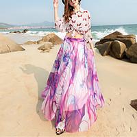 Swing Floral Skirts, Beach Holiday Boho Mid Rise Maxi Elasticity Polyester Inelastic Spring Summer