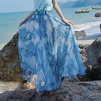 Swing Floral Skirts, Beach Holiday Boho Mid Rise Maxi Elasticity Polyester Inelastic Spring Summer