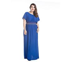 SWEET CURVE Women\'s Plus Size Boho Swing Dress, Solid Round Neck Maxi Short Sleeve Blue Black Polyester Spring Mid Rise Micro-elastic Medium